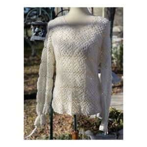 Crotchet Mesh Sweater V Neck Long Sleeve Lined Ruffle Cuff Feminine